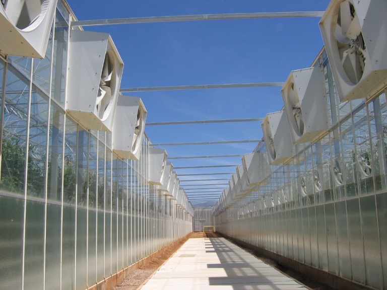 Sistema de ventiladores de escape desarrollado por CEAC/U. Arizona (Eurofresh Farms).